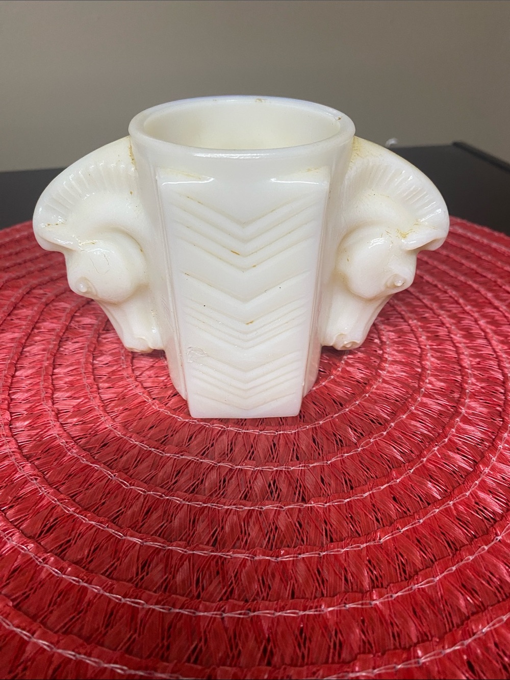 Vintage 1930’s White Milk Glass Ram-Handle Decorative Vase